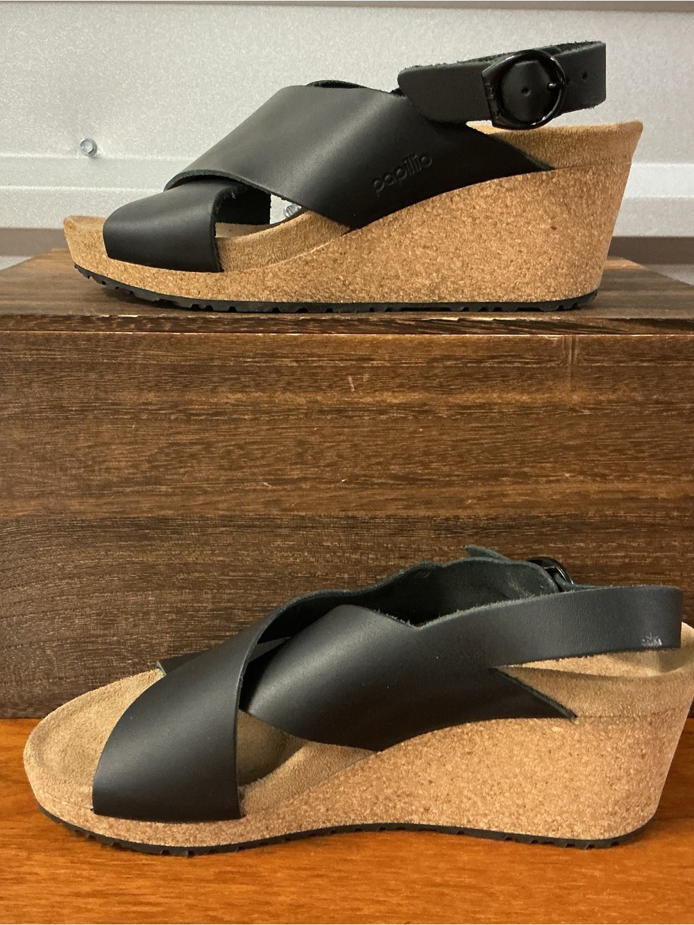 Birkenstock Papillio Women Samira Black Leather Wedge Heel Sandal Size 7 - Picture 5 of 7
